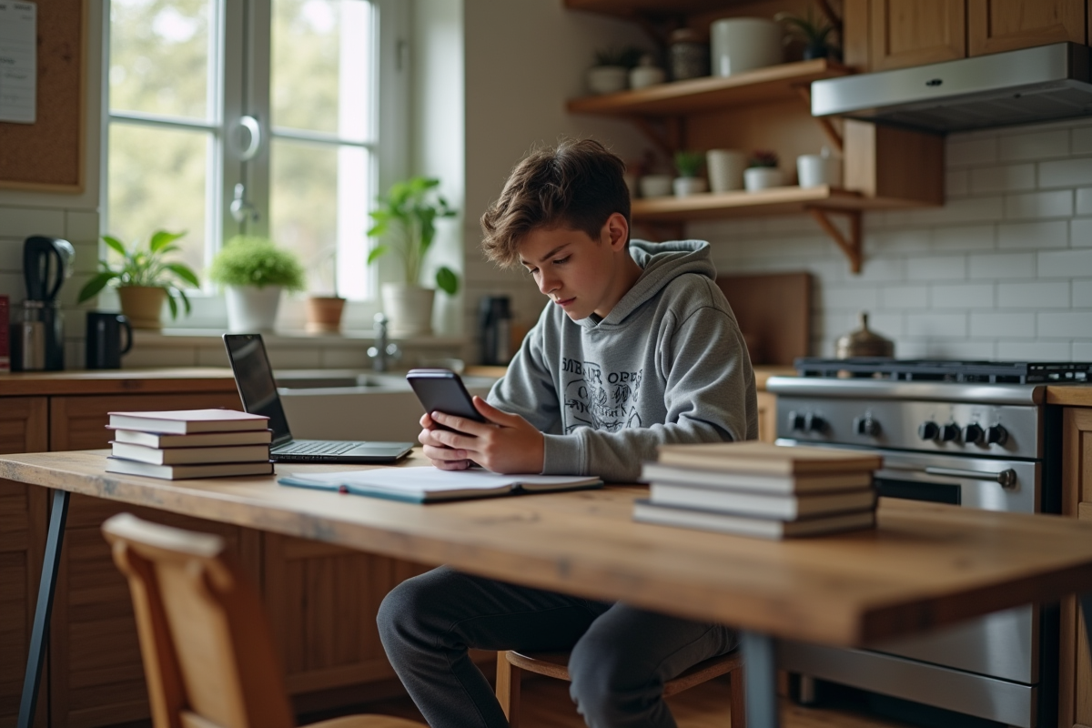 Adolescent assis à une table de cuisine avec ses livres et smartphone en main