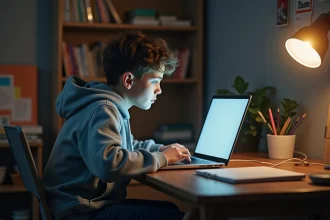 Jeune garçon en hoodie gris devant son ordinateur portable