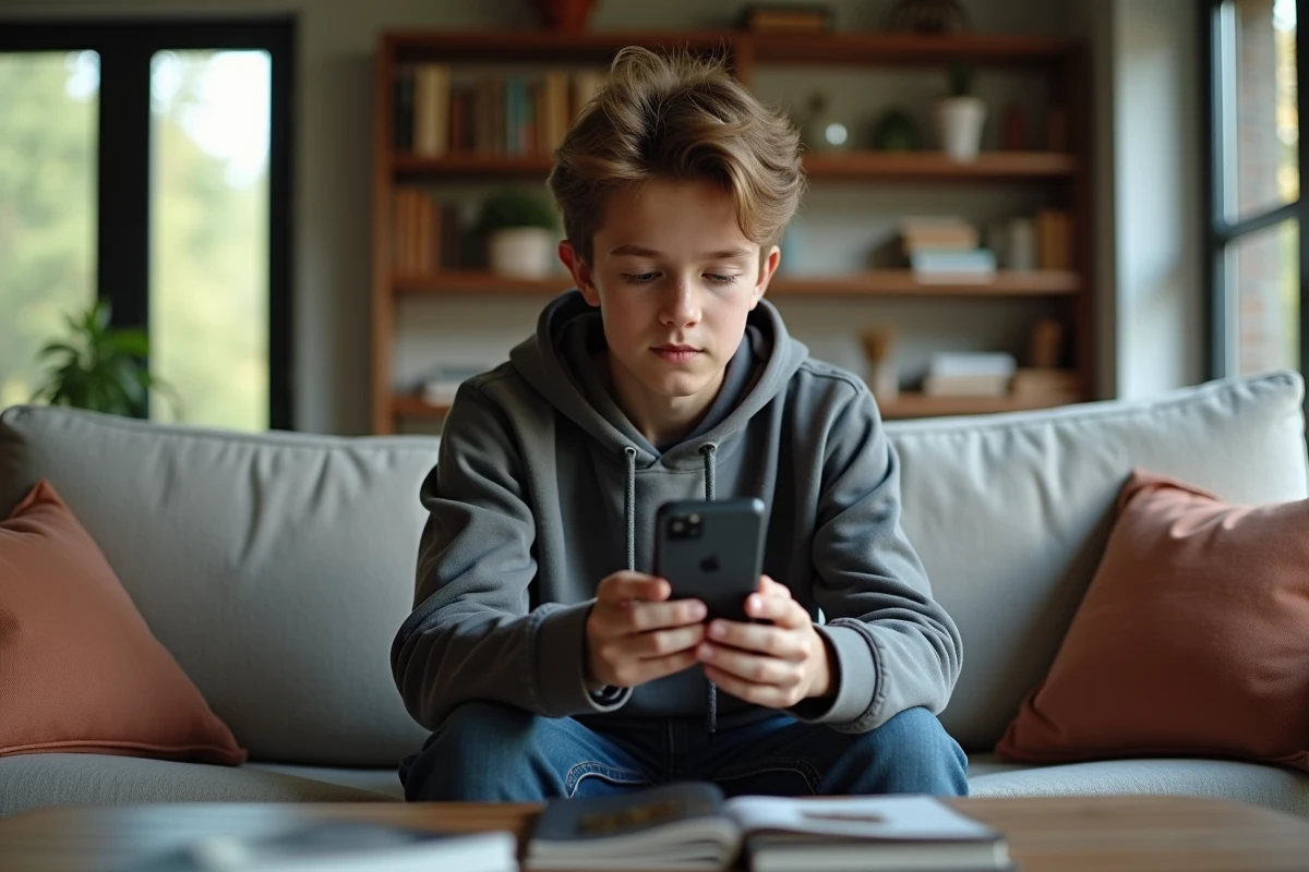 Jeune adolescent en pause hors écran dans son salon