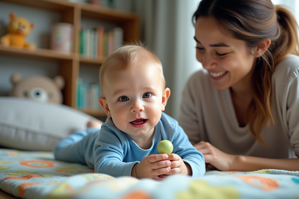 Bébé de six mois en body bleu joue avec une toupie dans un salon