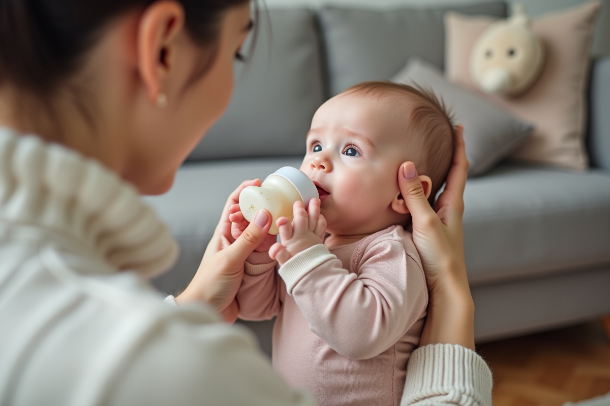 Bébé garçon de deux mois buvant au biberon avec sa mère