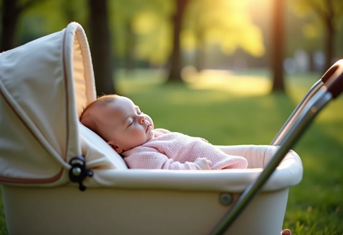 Bébé fille endormie dans une poussette vintage en parc