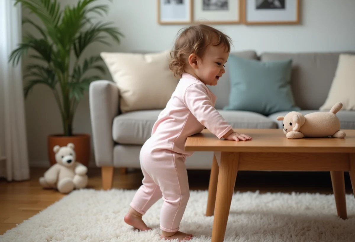 Bebe fille en rose faisant ses premiers pas dans le salon