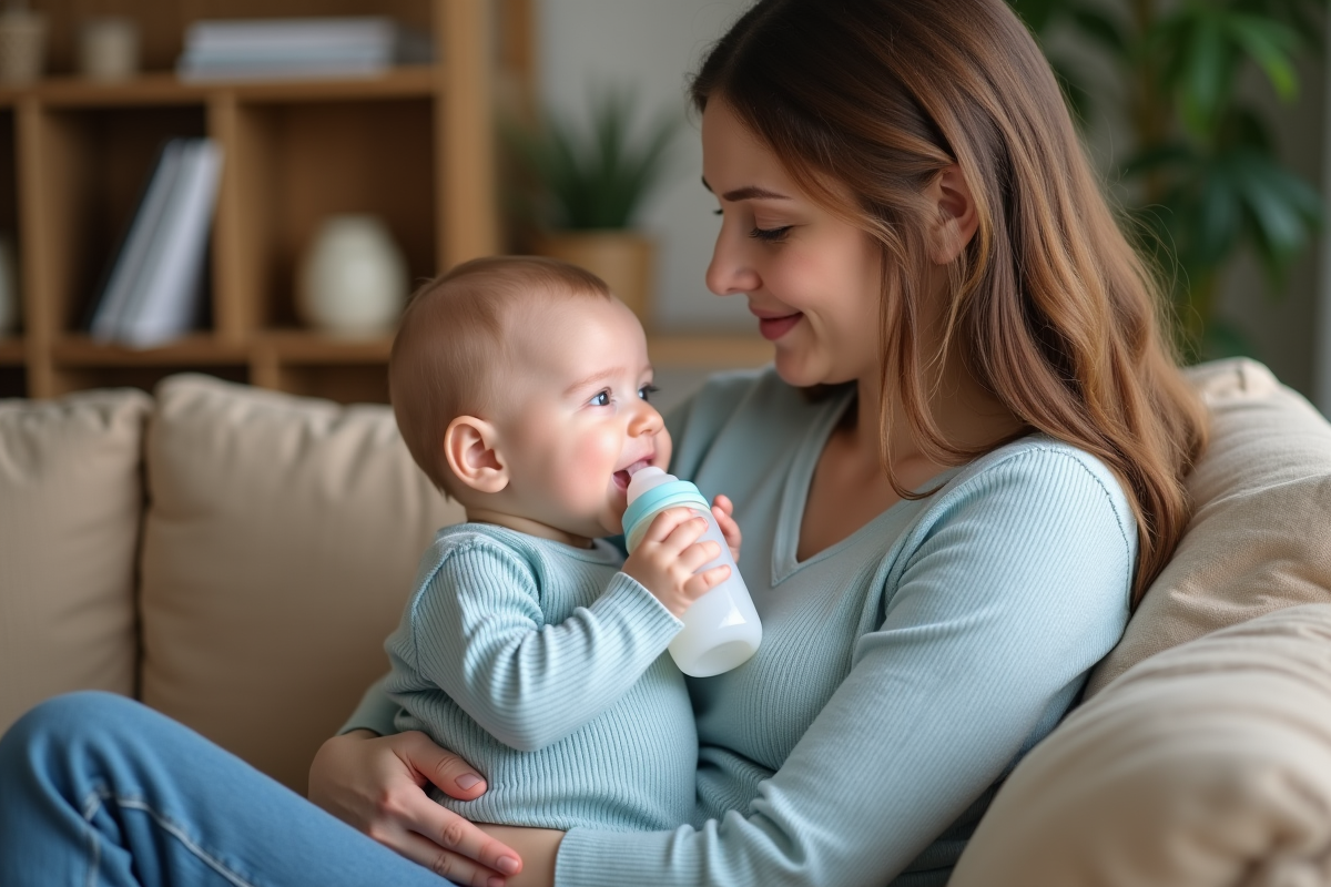 Bébé de deux mois dans les bras de sa mère en ambiance cosy