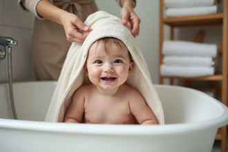Bébé souriant séché par sa mère dans une salle de bain