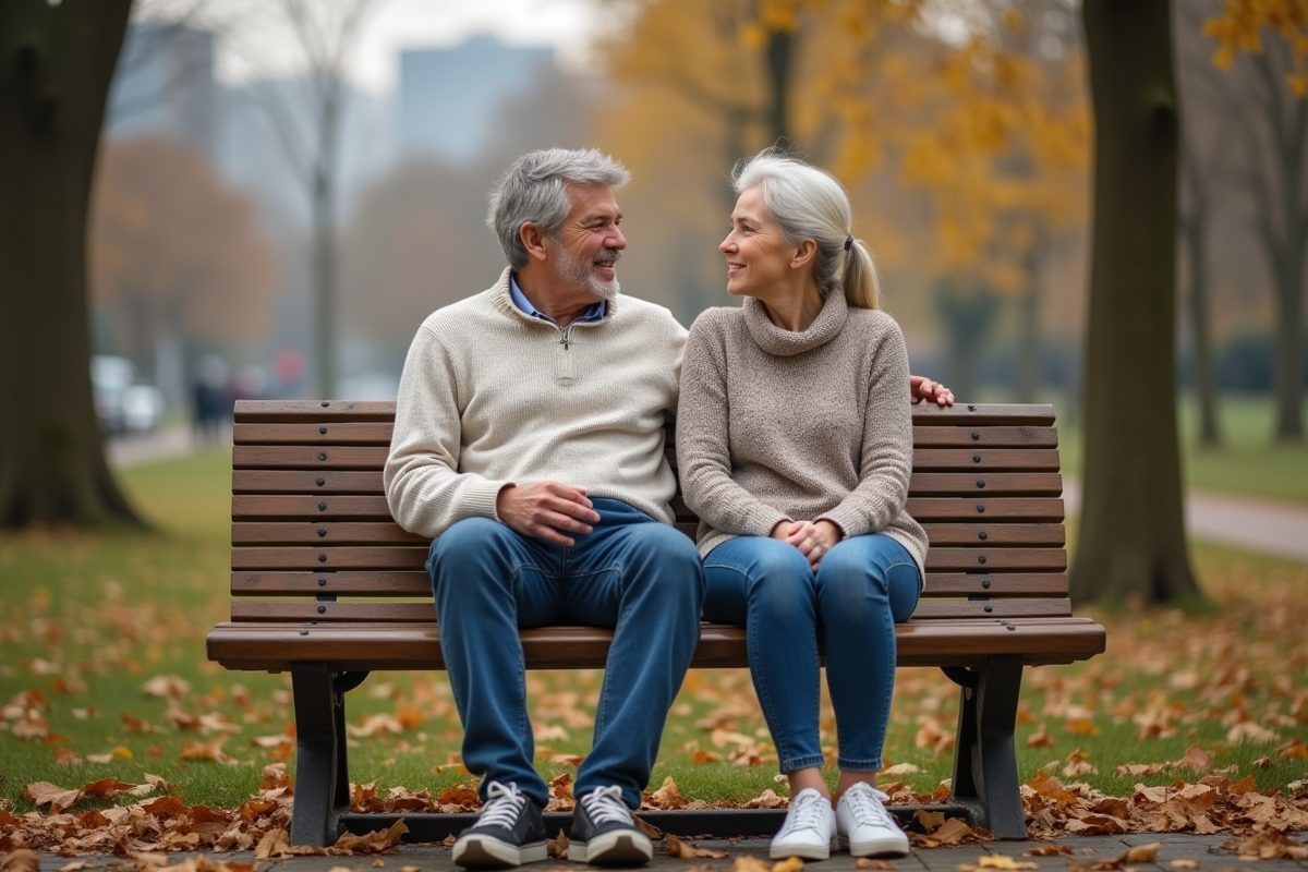 Couple d'adultes assis sur un banc en automne