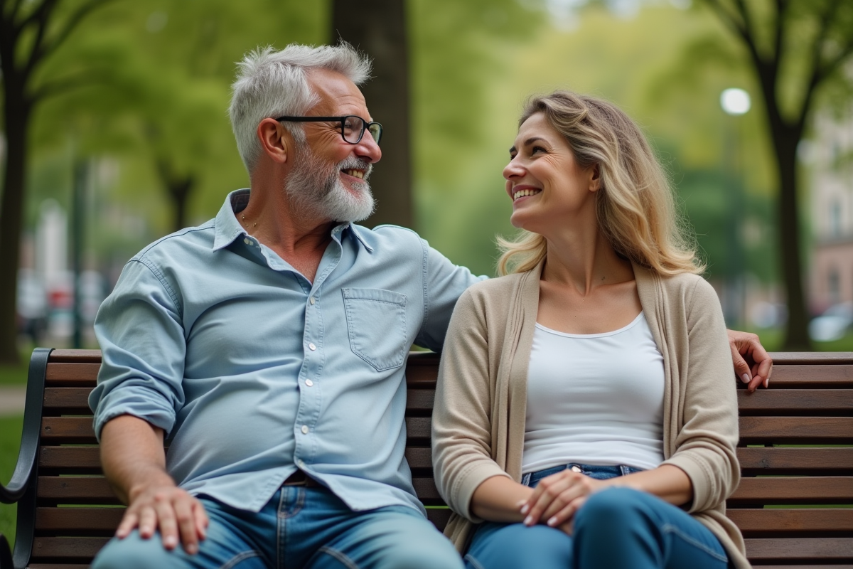 Couple assis sur un banc dans un parc urbain en journée