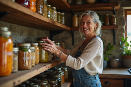 Femme arrangeant bocaux de conserves dans une cuisine rustique