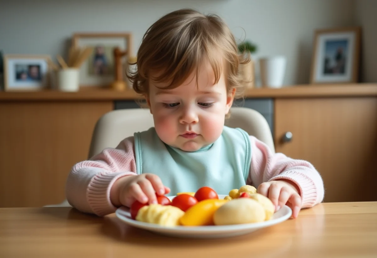 Bébé curieux atteignant une assiette colorée sur la table