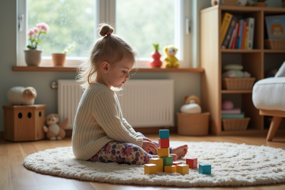 Fille de deux ans joue avec des blocs en bois colorés dans le salon
