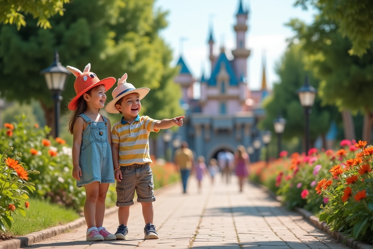 Deux enfants souriants pointant vers un château coloré en extérieur