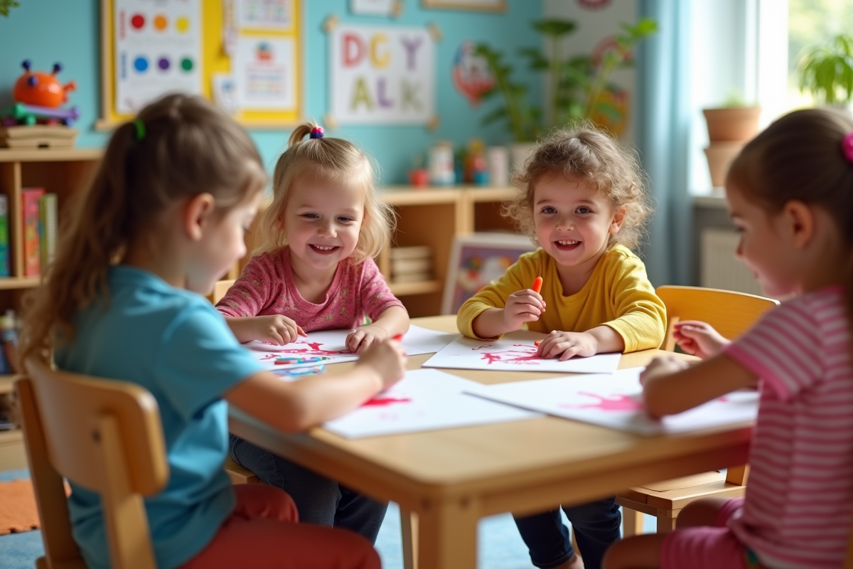 Groupe d'enfants de 5 ans peignant avec les doigts dans une classe