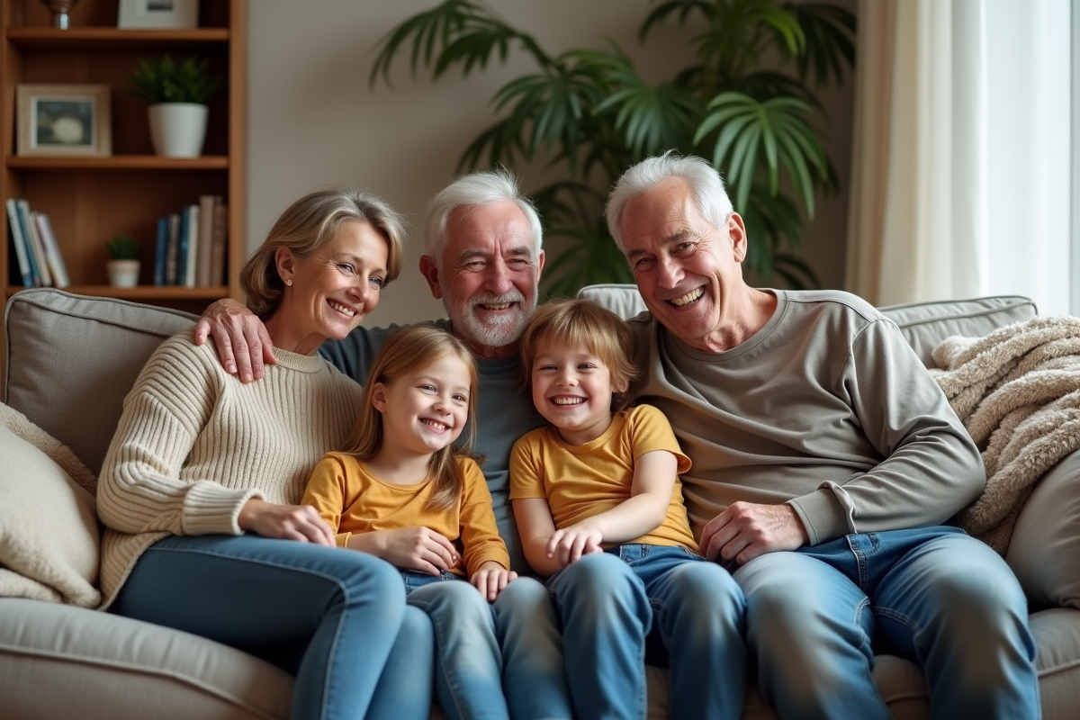 Famille multigenerational souriante dans un salon chaleureux