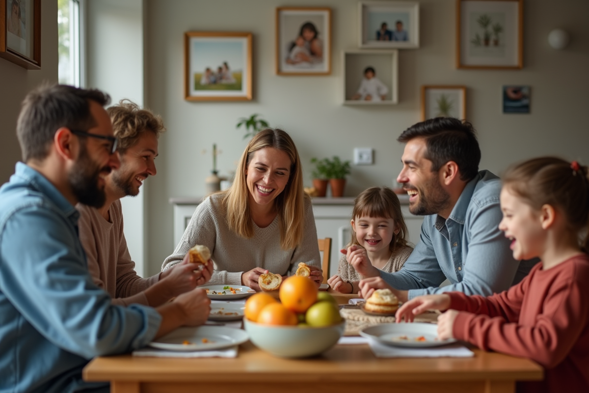 Famille multigenerational autour d'une table en bois souriante