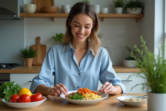 Femme en cuisine préparant un repas équilibré
