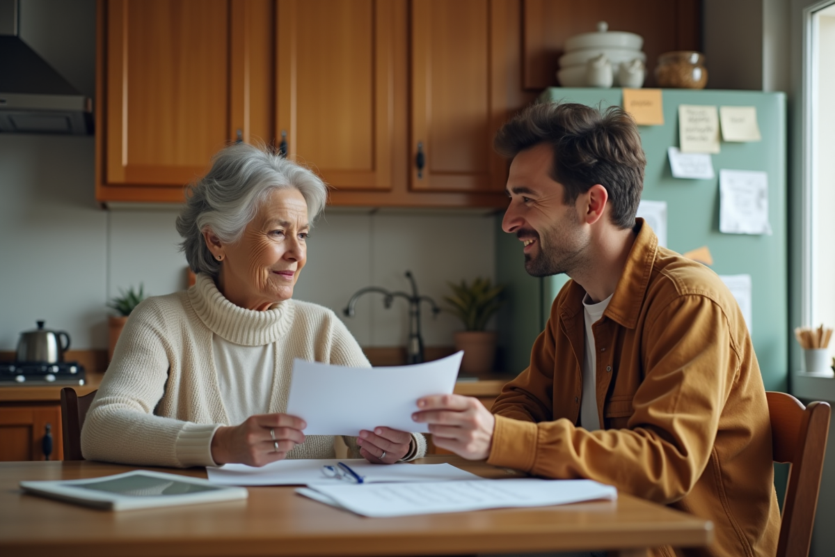 Femme et son fils discutent à la cuisine avec papiers et carte bancaire