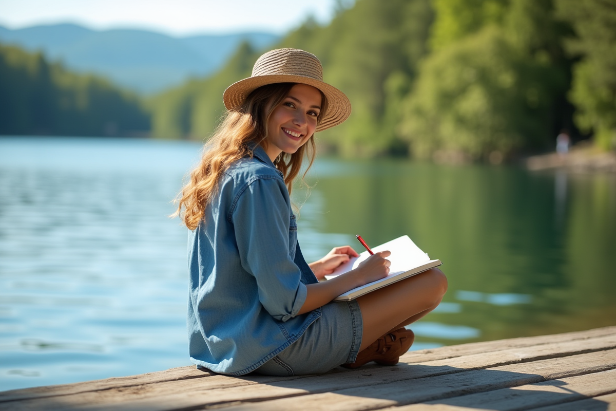 Jeune femme au bord du lac écrivant dans un journal