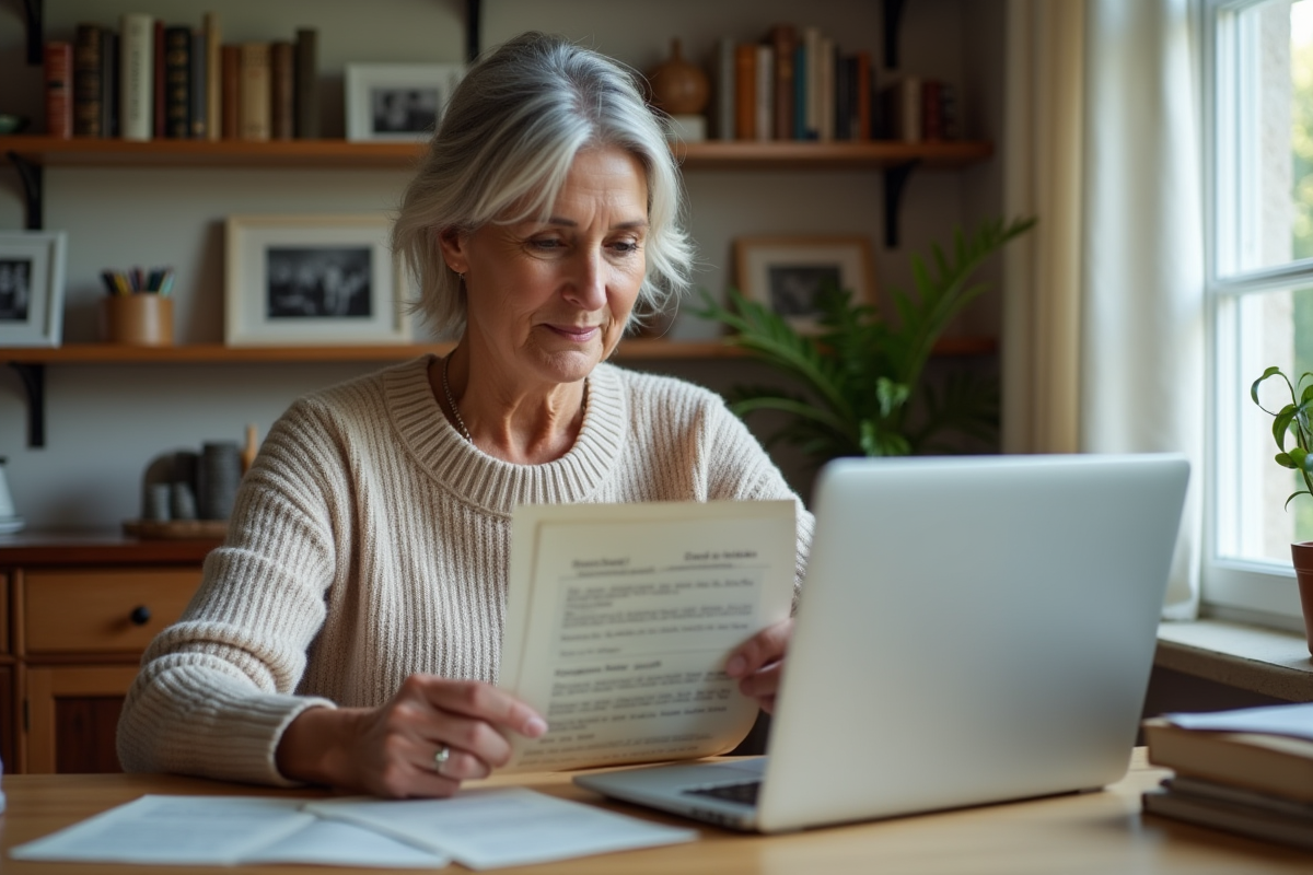 Femme d'âge moyen consulte documents de généalogie à la maison