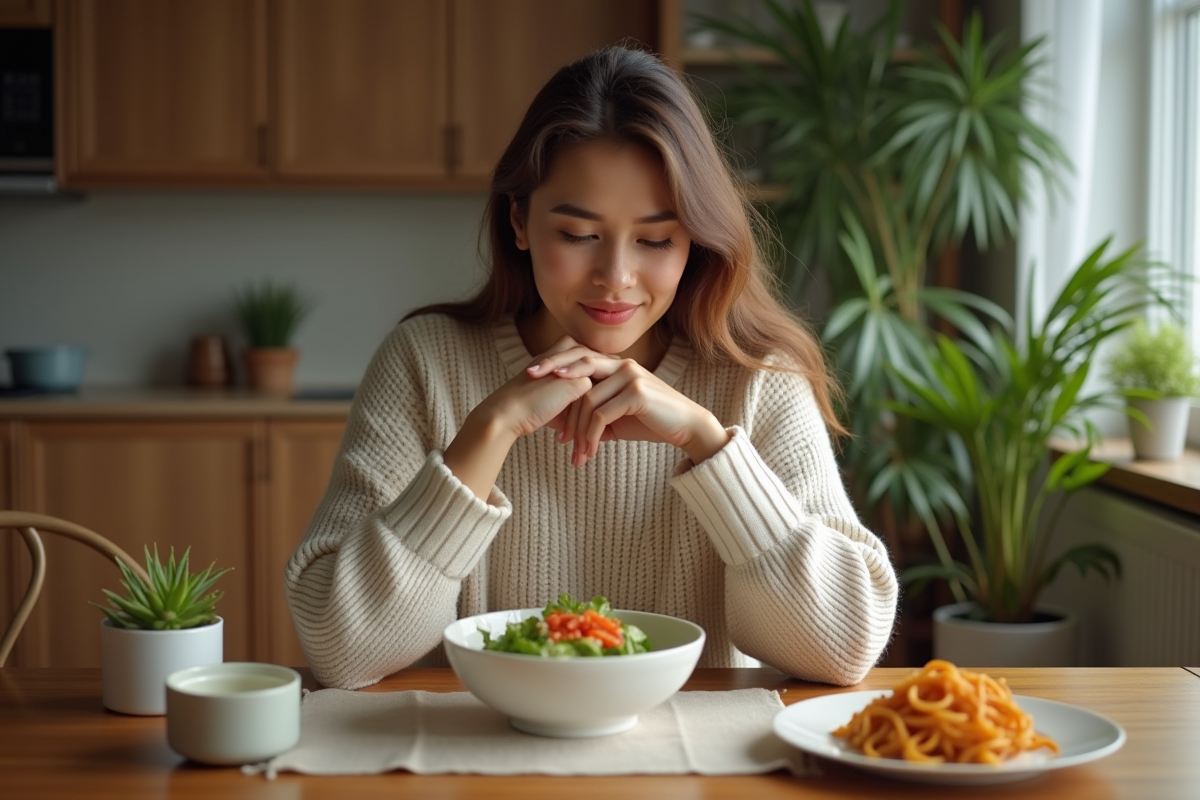 Jeune femme choisissant entre salade et pâtes à la maison