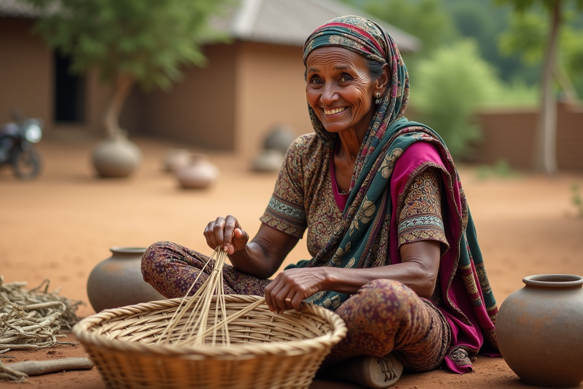 Femme âgée tissant un panier traditionnel en plein air