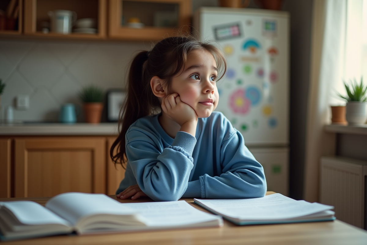 Jeune fille de 9 ans pensif en cuisine lumineuse