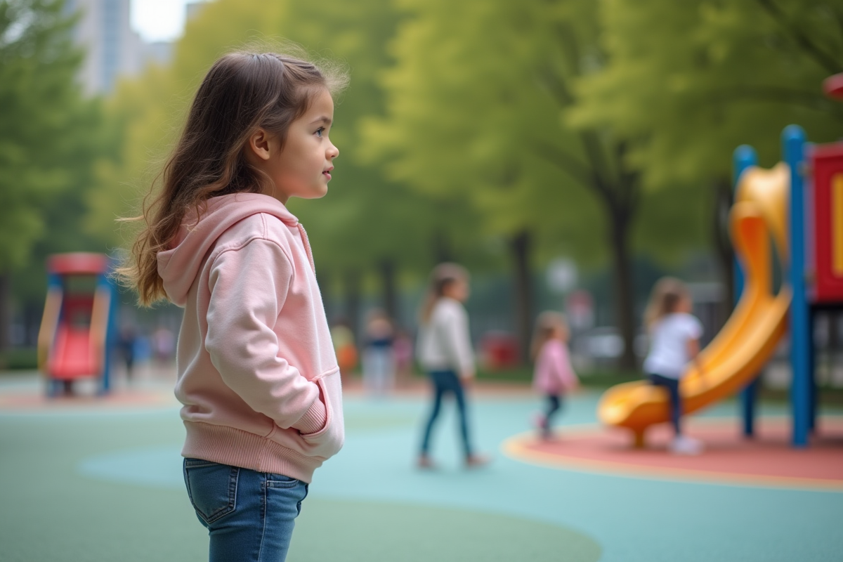 Fille de neuf ans regardant le parc de jeux avec pensiveness