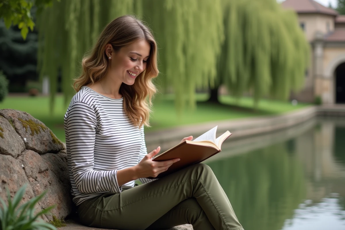 Jeune femme lisant un guide dans un parc paisible en Essonne