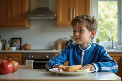 Garçon de neuf ans assis à la cuisine avec sandwich et pomme