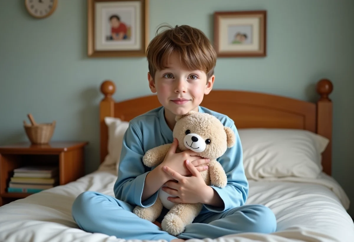 Garçon de six ans assis sur son lit avec peluche