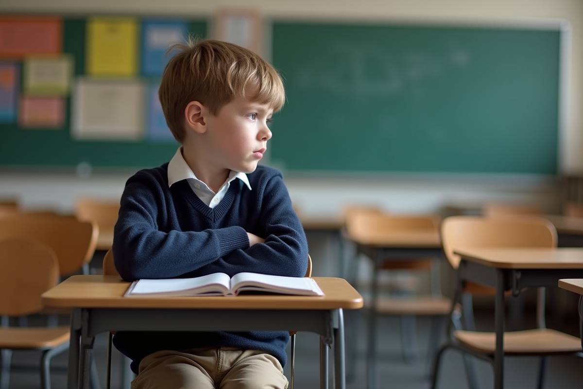 Garçon en classe avec expression réticente et bras croisés