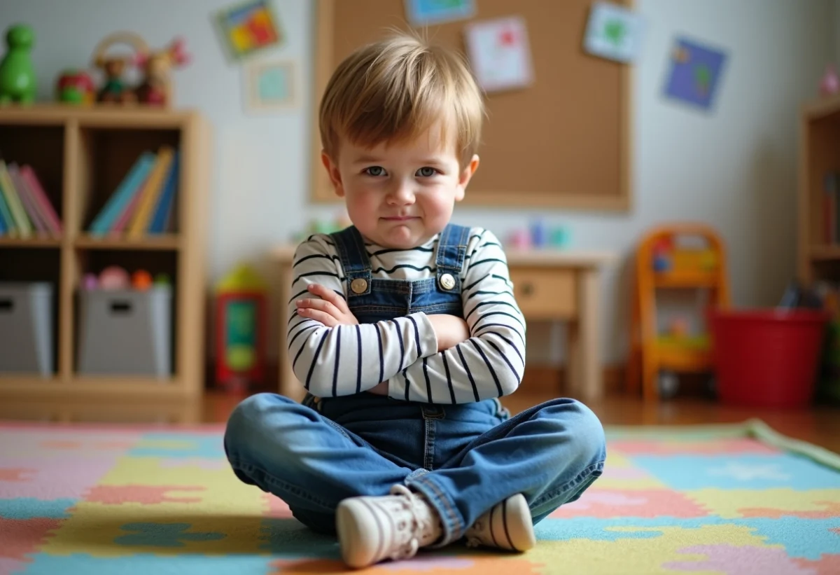 Garçon de 6 ans au visage grognon dans une salle de jeux