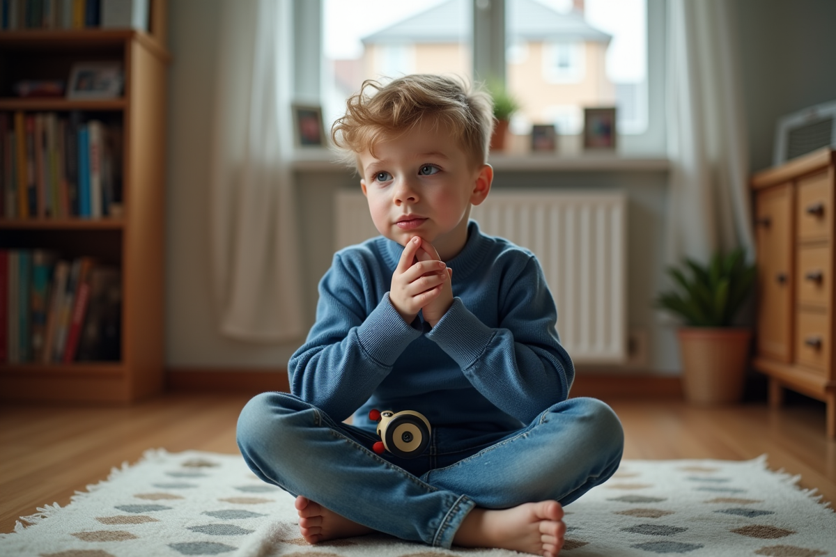 Garçon de 8 ans pensif jouant avec une voiture en bois dans un salon cosy