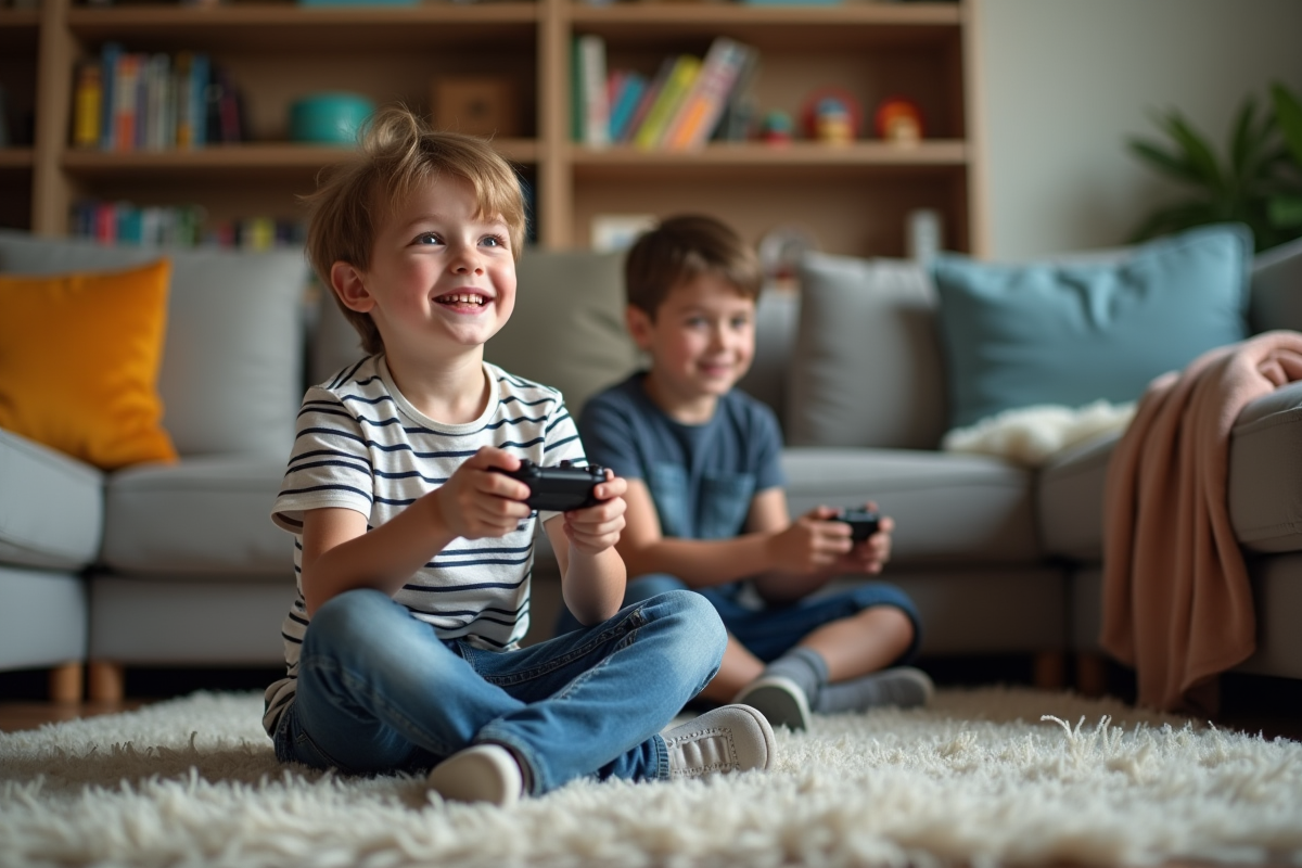 Garçon de 7 ans jouant avec une manette dans un salon chaleureux