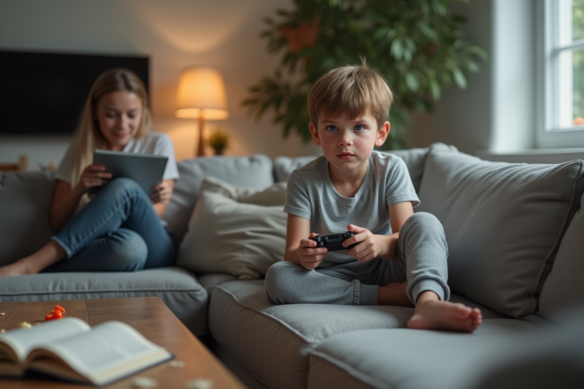 Jeune garçon de 8 ans joue à un jeu vidéo dans le salon
