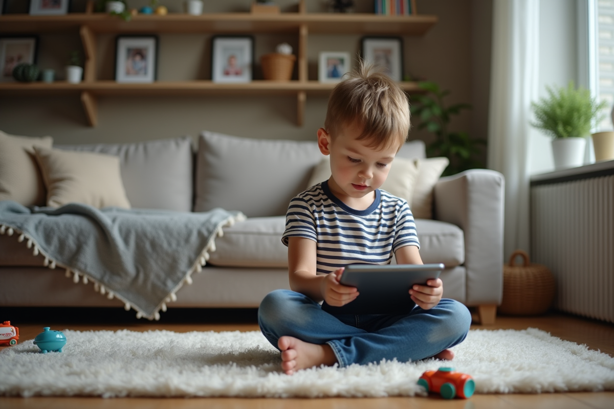 Jeune garçon de 7 ans avec tablette dans un salon chaleureux