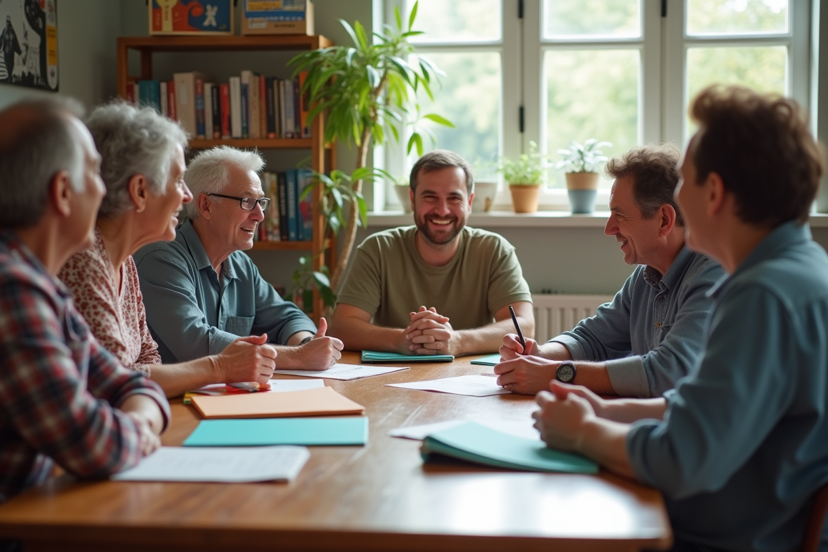 Groupe de personnes discutant autour d'une table dans un centre communautaire