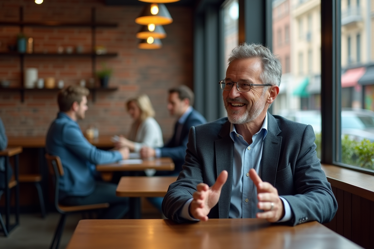 Homme d'âge moyen en tenue smart casual lors d'une conversation dans un café