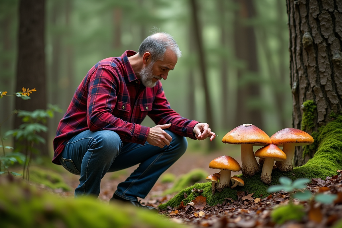 Homme en forêt examinant des champignons sauvages