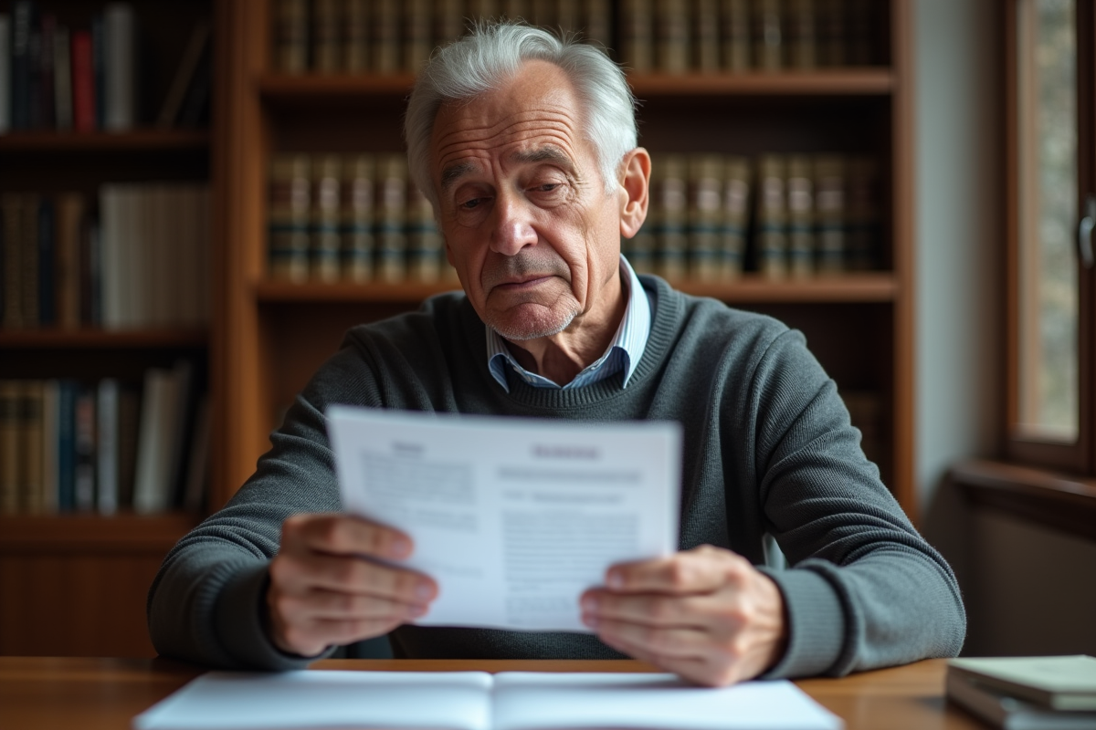 Homme mature lisant des documents juridiques