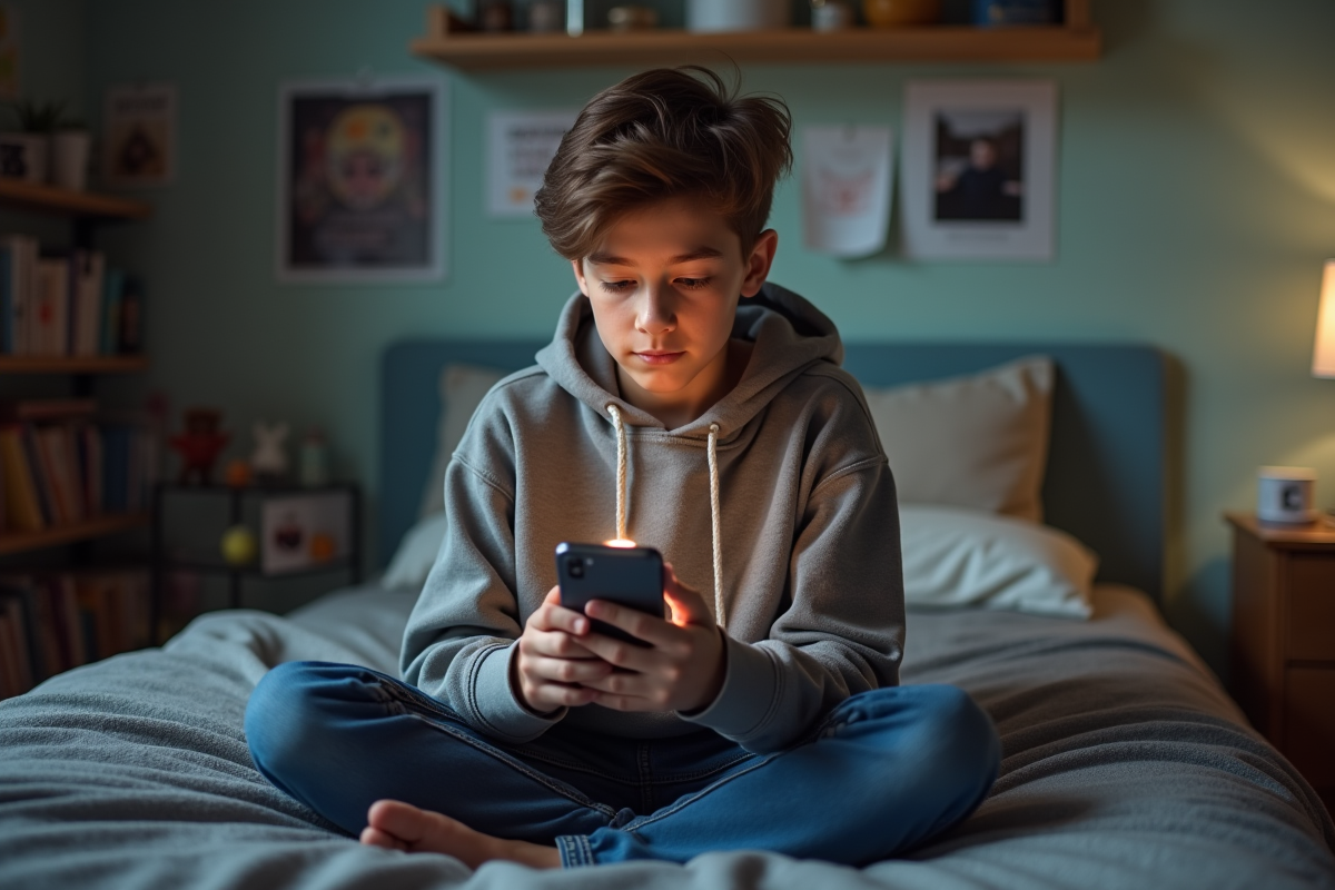 Jeune adolescent concentré sur son smartphone dans sa chambre