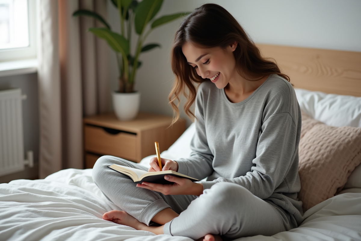 Jeune femme en pyjama gris écrivant dans un journal dans sa chambre