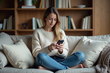 Jeune femme assise sur un sofa en train de scroller avec son smartphone dans un salon moderne
