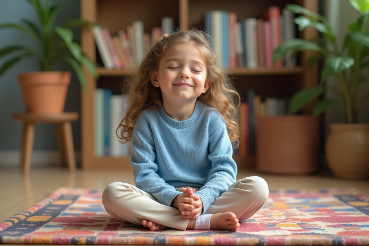 Jeune fille assise en méditation dans un salon chaleureux