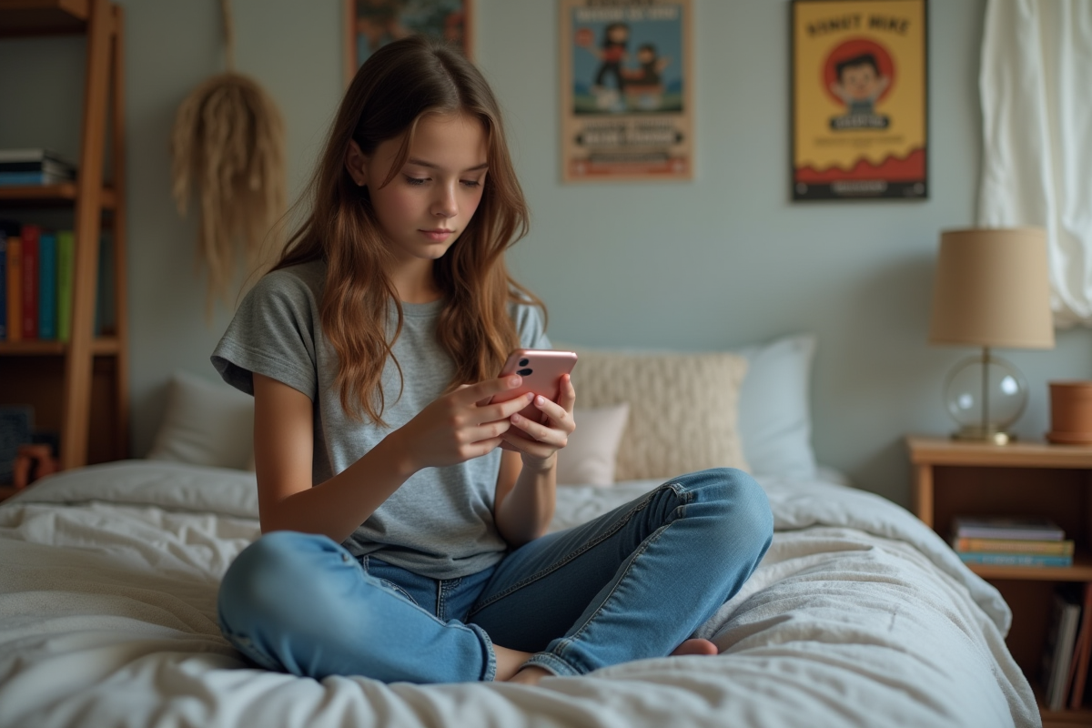 Jeune fille de 16 ans sur son lit avec téléphone dans une chambre cosy