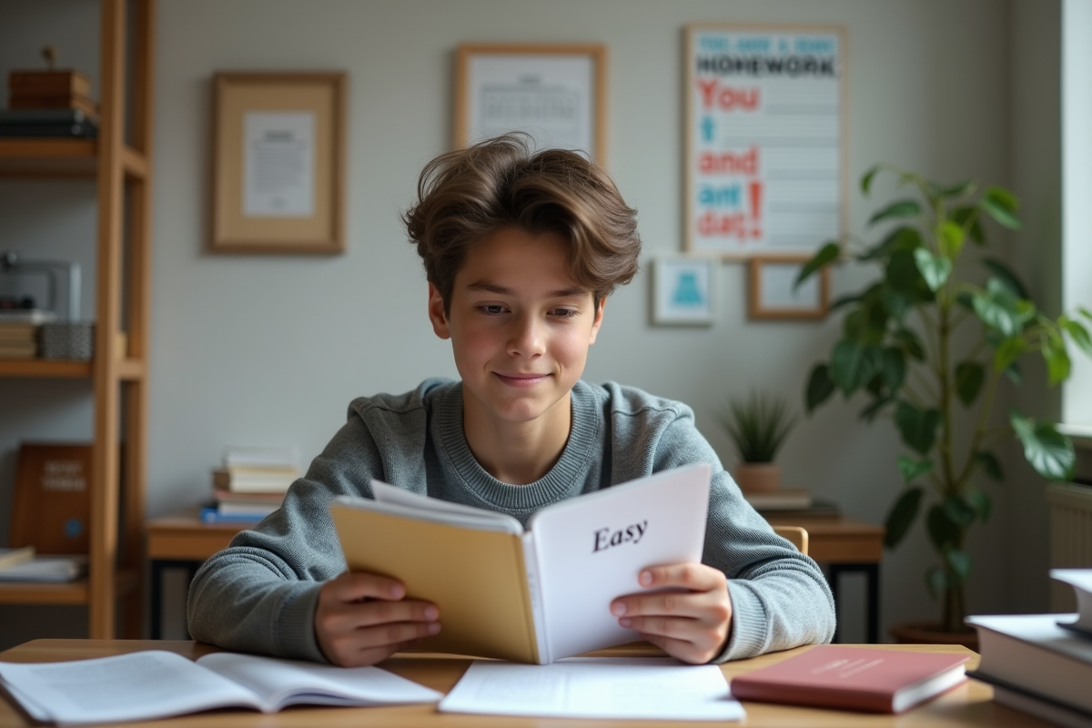 Adolescent en étude à son bureau avec dossiers et posters