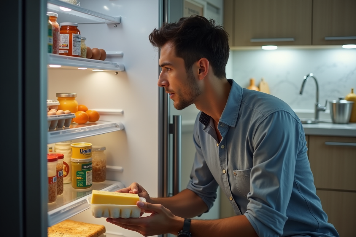 Jeune homme examinant un fromage dans un frigo moderne