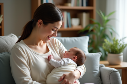 Jeune maman allaitant son bébé dans un salon chaleureux