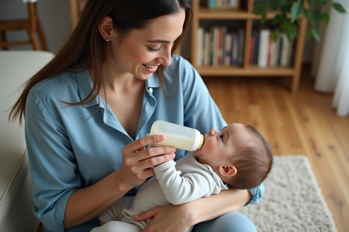 Jeune maman en blouse bleue nourrit son bébé dans un salon chaleureux