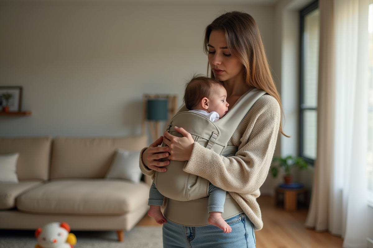 Jeune maman inquiète ajustant un porte-bébé mal conçu à la maison