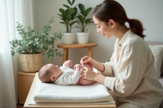 Mère appliquant un répulsif moustique bio sur le bras de son bébé dans une chambre d'enfant style scandinave